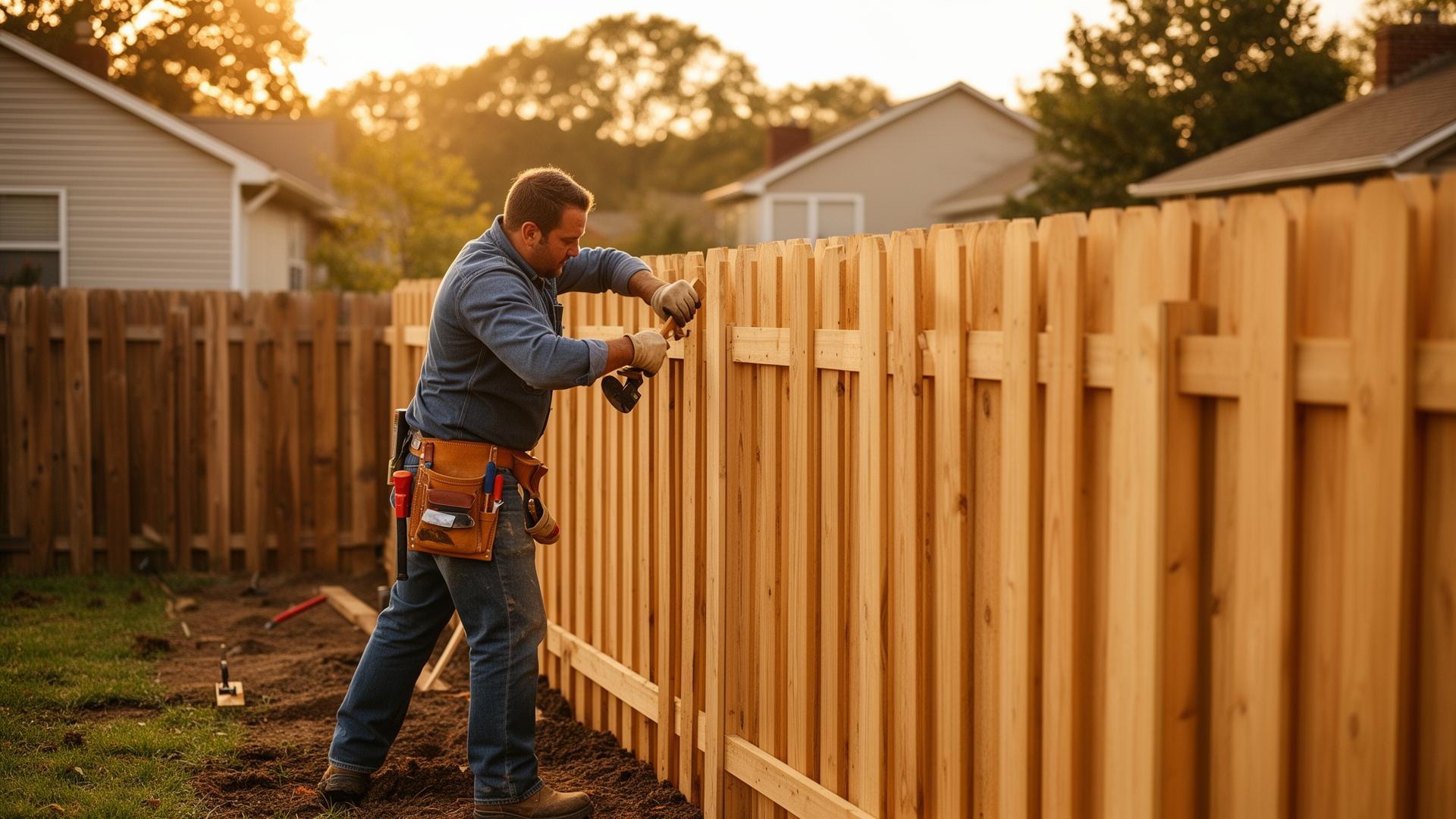 Contractor installing a wood privacy fence